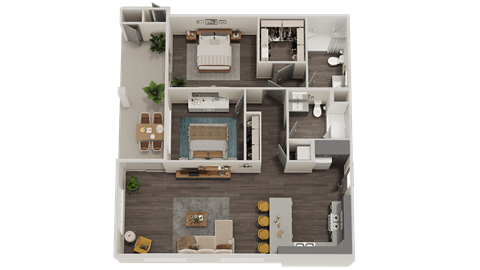 the living area has a bedroom and a dining room